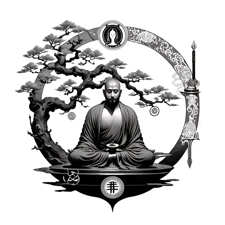 monk meditating inside bonsai covered enso, with sigils depicting stages of grief and mythological weapons around  tattoo design idea
