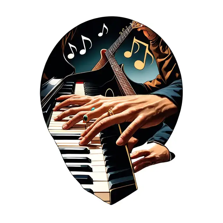 musical notes in the air with 2 guy hands playing a piano with a couple of rings on the finger with a guitar in the back tattoo design idea