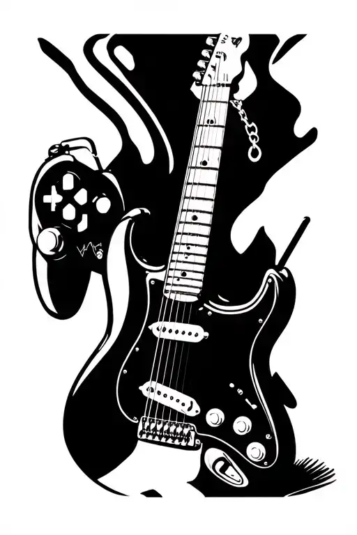 fender stratocaster with heartbeat strings, fishing hook charm and playstation controller tattoo design idea