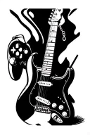 fender stratocaster with heartbeat strings, fishing hook charm and playstation controller tattoo design idea