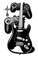 fender stratocaster with heartbeat strings, fishing hook charm and playstation controller tattoo design idea
