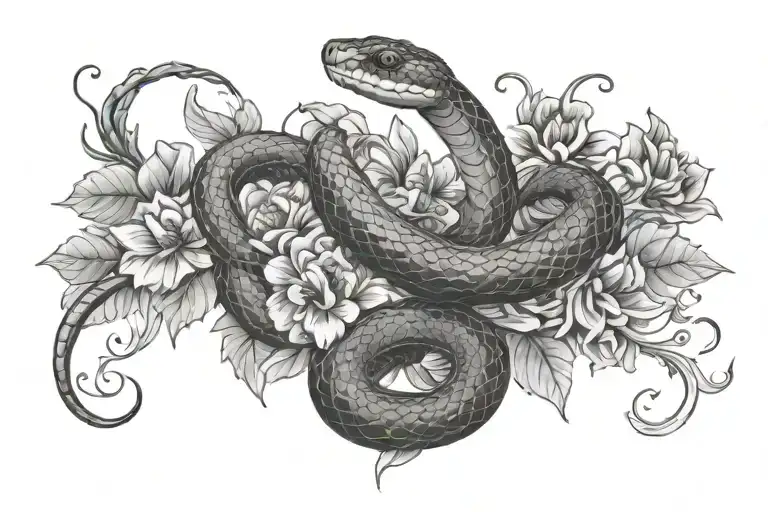 snake and flowers tattoo design idea