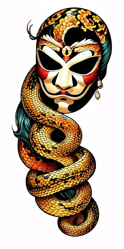 Ono mask sleeve tattoo with python wrapped tattoo design idea