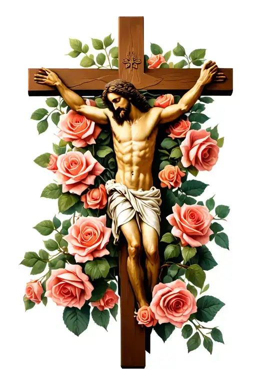 Jesus on cross with roses growing tattoo design idea