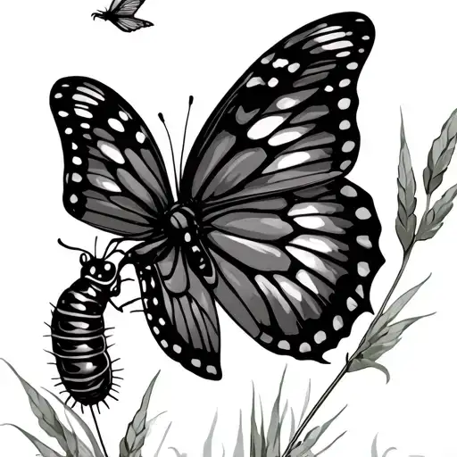 caterpillar on tall blade of grass looking up at a flying butterfly  tattoo design idea