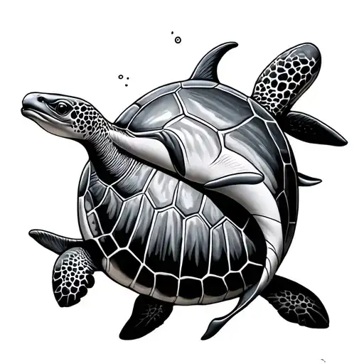 fineline turtle and dolphin swimming together tattoo design idea