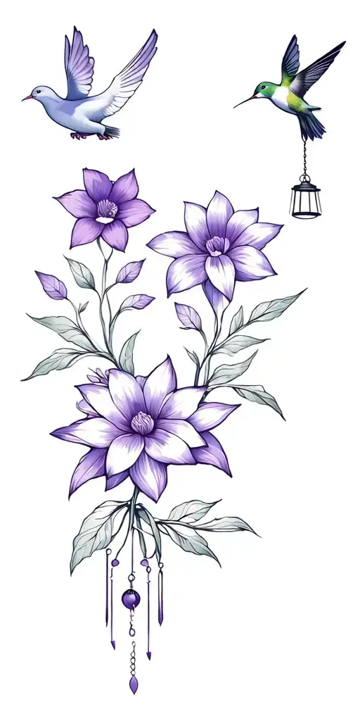 violet, narcissus, water lily, morning glory with 2 doves 1 hummingbird 1 wind chime and 1 rope tattoo design idea
