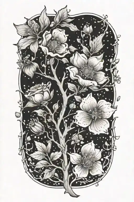 May, August, October, November, February birth flowers growing from tree branches  tattoo design idea