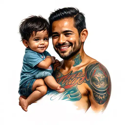 Child on Dad shoulder tattoo design idea