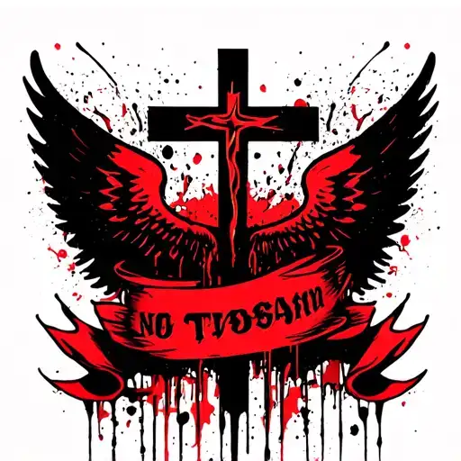 cross with wings spread with banner wrapped tattoo design idea