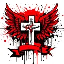 cross with wings spread with banner wrapped tattoo design idea