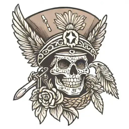 Mexican candy skull soldier with war helmet and a brown eagle tattoo design idea