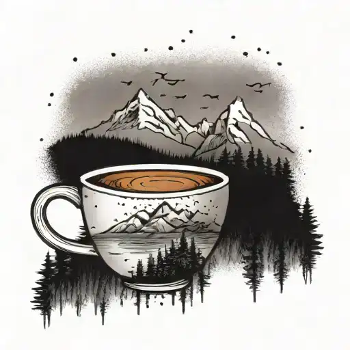 A tattoo of a coffee cup with a mountain landscape inside, representing the client's passion for coffee and mountains tattoo design idea
