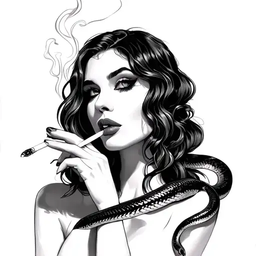 lady smoking a cigarette with snake wrapped on arm tattoo design idea