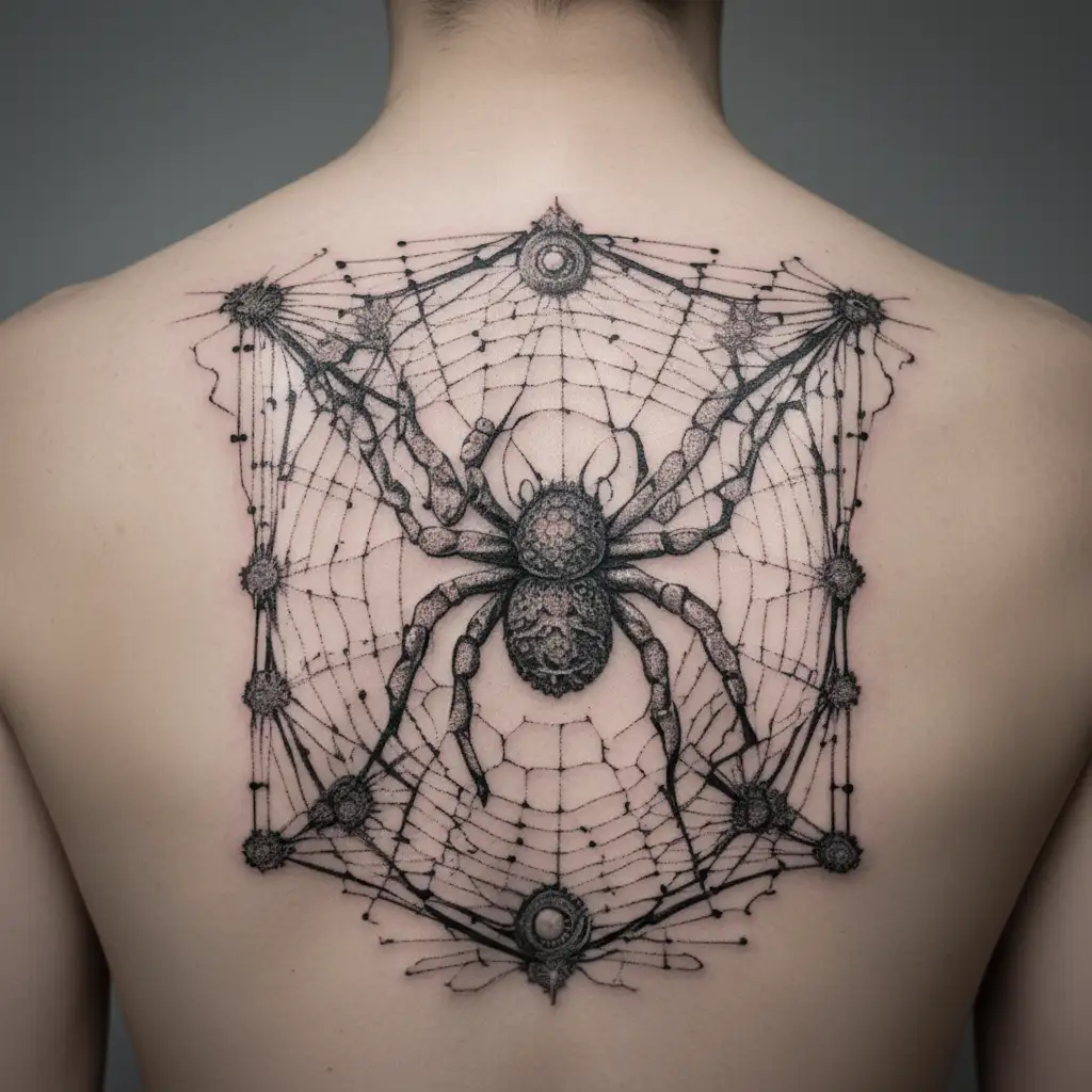 An abstract representation of a spider intertwined with cybersigilism symbols on a fence tattoo design idea
