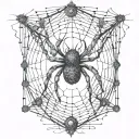 An abstract representation of a spider intertwined with cybersigilism symbols on a fence tattoo design idea