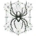 An abstract representation of a spider intertwined with cybersigilism symbols on a fence tattoo design idea