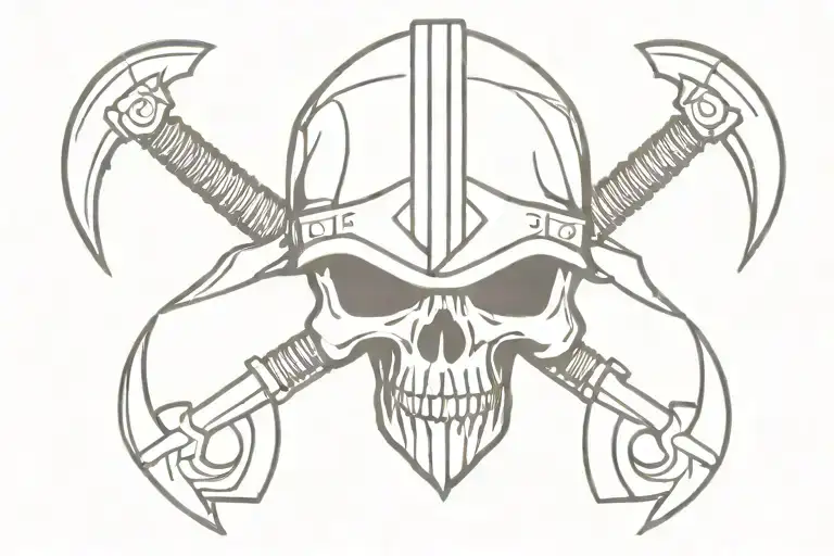 skull wearing Viking helmet with two battle axes crossing over eachother tattoo design idea