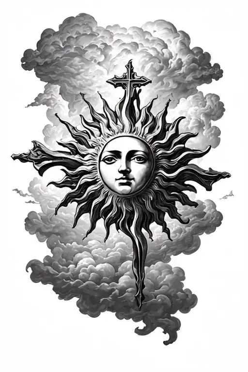 A sun with clouds around with a cross tattoo design idea