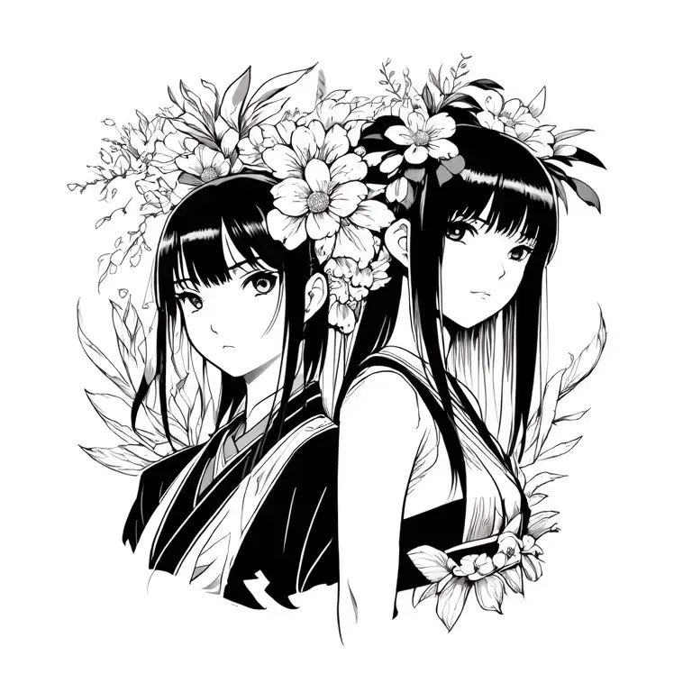 duality of Retsu Unohana and Yachiru Unohana in Bleach style tattoo design idea