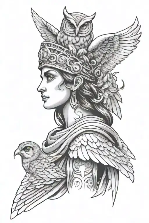 Athena with owl on shoulder in motion  tattoo design idea