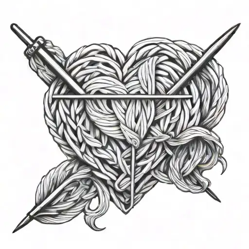 MoMo, heart, knitting needle intertwined tattoo design idea