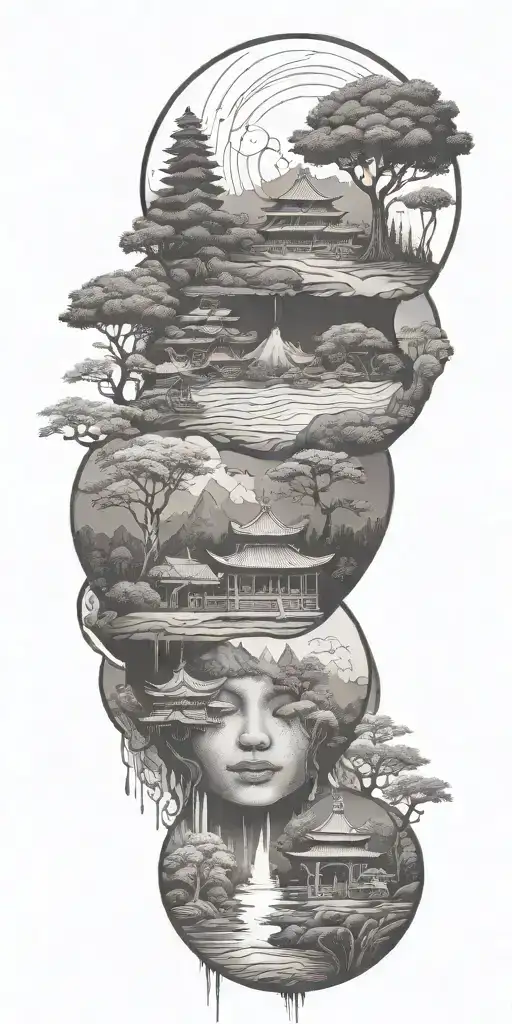 budism symbols that are uncommon. focus on nature, scenery and being grounded while on a spiritual journey tattoo design idea