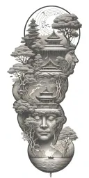 budism symbols that are uncommon. focus on nature, scenery and being grounded while on a spiritual journey tattoo design idea