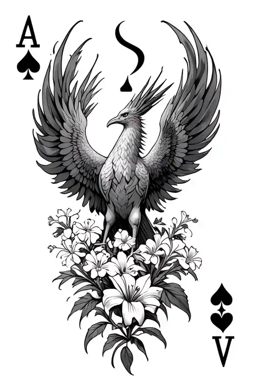 Phoenix rising from flames around the 9 of Diamonds playing card, Lillies, Sweet Alyssum tattoo design idea