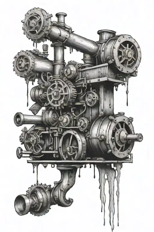 steam engine with guns inside a black frame dripping downwards tattoo design idea