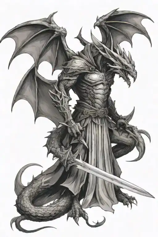  dragon stood upright in the style of the reaper where it's wings created a hood. holding a sword like the one in Robin  tattoo design idea