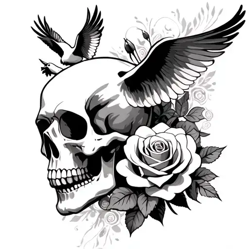 skull with roses and doves flying tattoo design idea