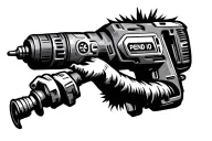 This image features a black-and-white tattoo for a forearm of a whimsical, anthropomorphized power drill (but it can’t l tattoo design idea