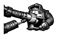 This image features a black-and-white tattoo for a forearm of a whimsical, anthropomorphized power drill (but it can’t l tattoo design idea