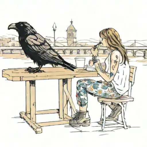 girl sitting in an outdoor cafe feeding a raven French fries at her table next to a riverwalk tattoo design idea