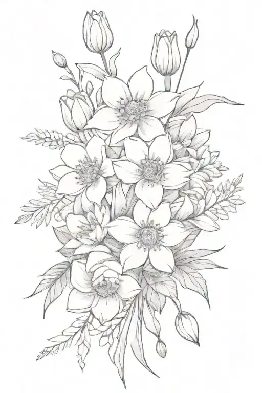 A bouquet of flowers tied with a bow including narcisus, water lily, rose, aster, daisy, chrysanthemum, daffodil, marigo tattoo design idea
