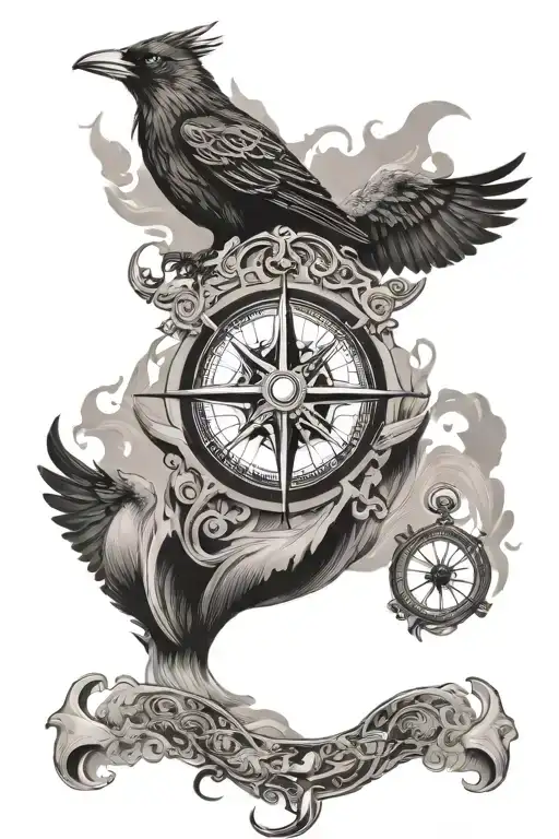 black and gray Nordic sleeve tattoo with crows a ship a anchor and compass tattoo design idea