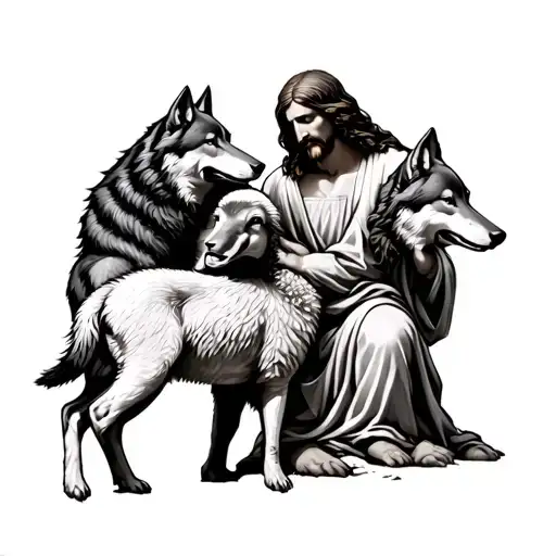 Jesus leaning over to save a lamb while holding back wolves  tattoo design idea