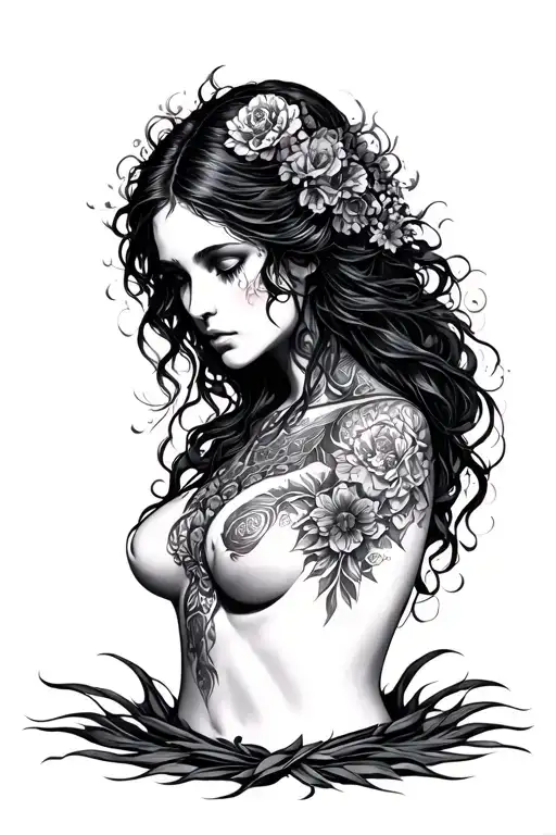 A solemn, mysterious sensual feminine figure—guardian of forgotten places and memories. She embodies sorrow, stillness, tattoo design idea