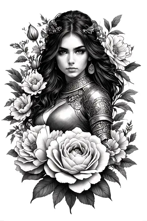 woman warrior, peonies, rose, marigold, daffodilm honeysuckle, strength, resiliance tattoo design idea