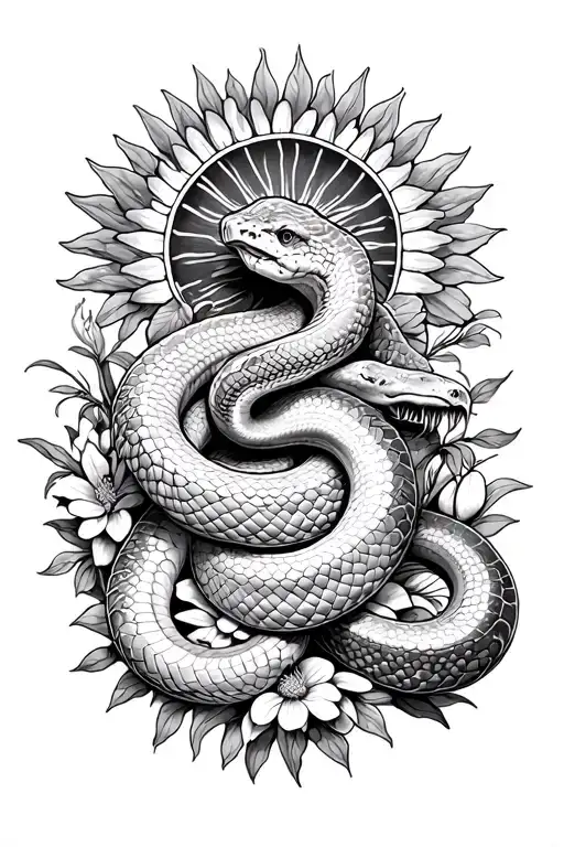 Two headed snake with one of the snakes beheaded in the sun with flora tattoo design idea
