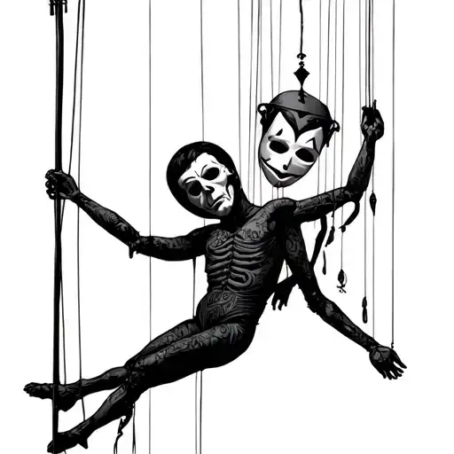 puppet master controlling a human marionette with strings, dark psychological theme, theatrical mask floating nearby, tw tattoo design idea