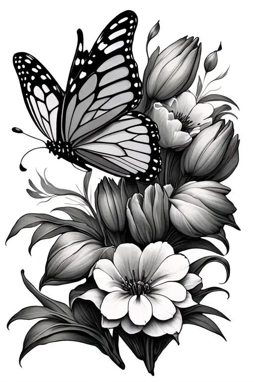 butterfly and tulips tattoo design idea