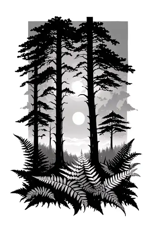 forest scene, floor to sky filled with sun, ferns at the bottom tattoo design idea