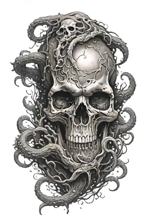 Underwater cave in the shape of a skull with the Kraken emerging from it tattoo design idea
