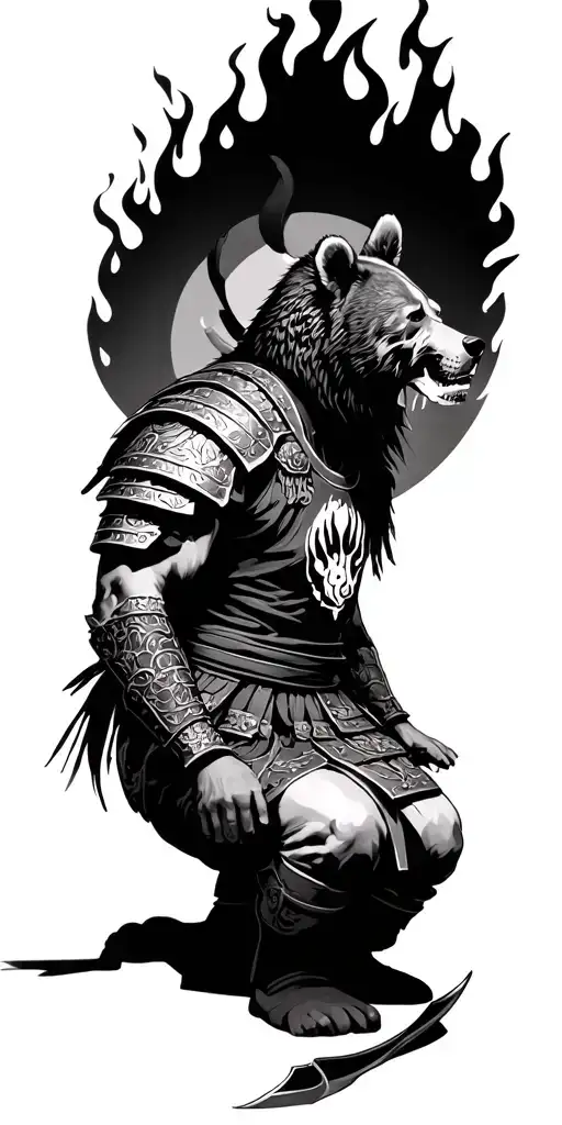 Human Samurai kneeling, Bear paw engraved in chest peace armor, background flames and skulls, no color, realism style tattoo design idea