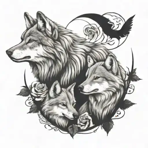 mom and dad wolf and 2 cubs intertwined with roses tattoo design idea