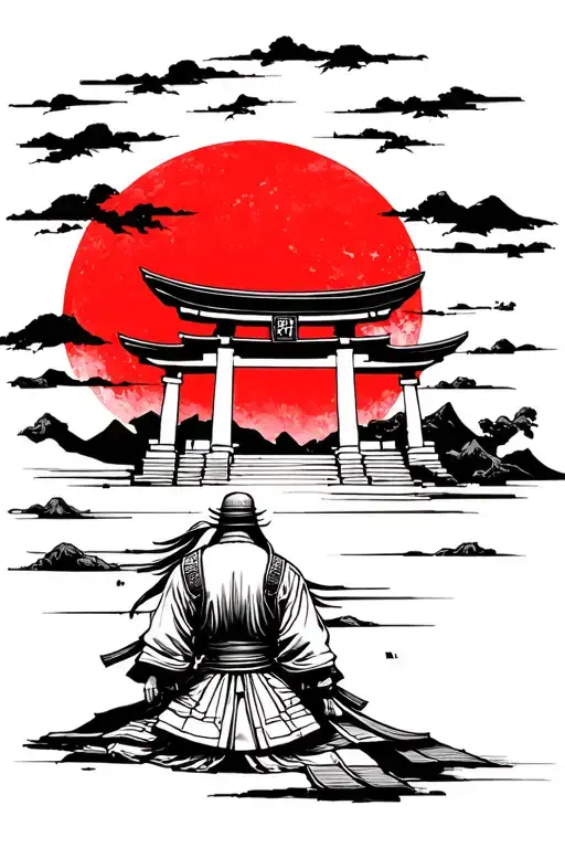 Create art for a tattoo, a tori gate with a red sun behind, samurai on his knees looking at the sun, traditional clothes tattoo design idea