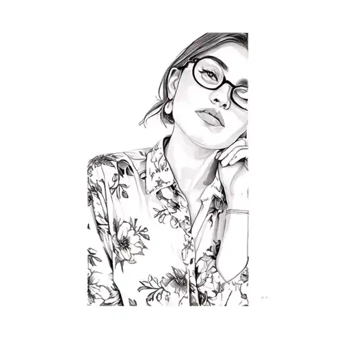 a woman wearing glasses and a floral shirt tattoo design idea