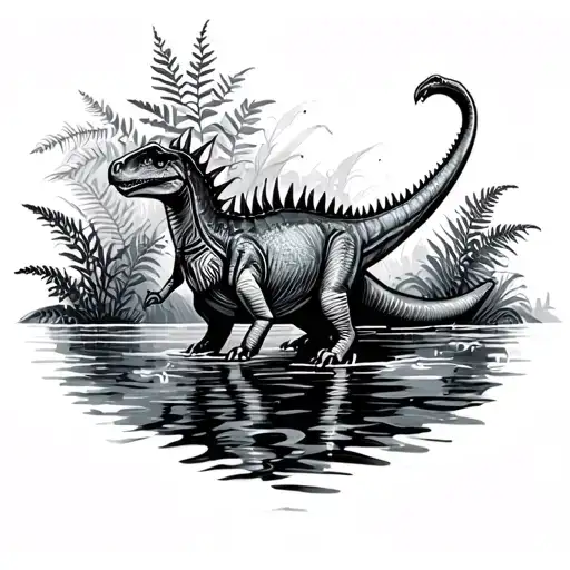 Spinosaurus swimming, black and white thigh. water flowy background with ferns. not realistic. stylistic cute. tattoo design idea